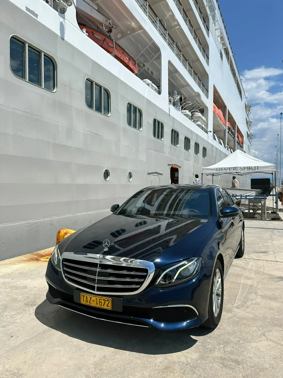 The E-Class alongside a cruise ship at Corfu port, waiting for a private transfer