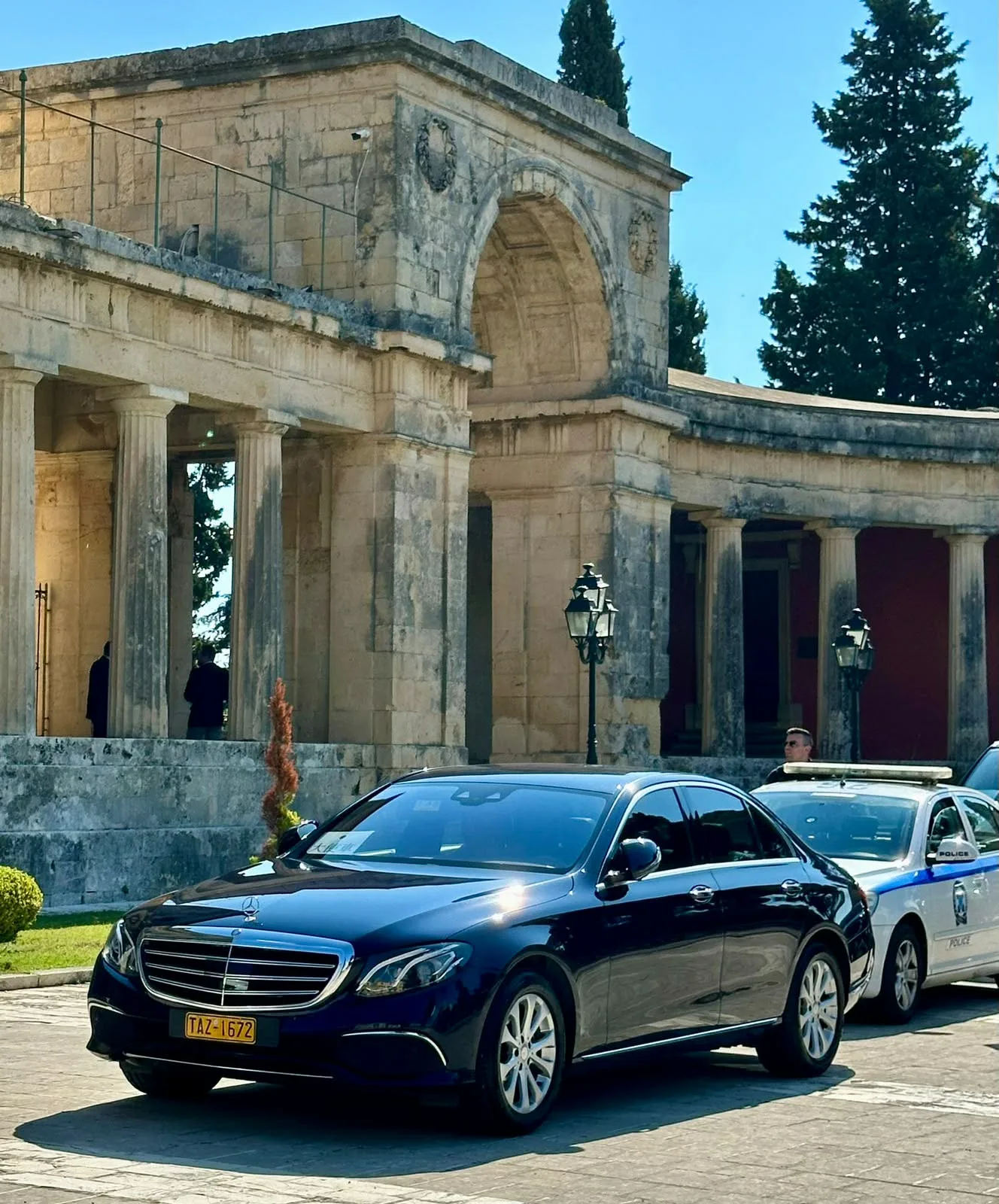 The E-Class outside the neoclassical palace in Corfu Old Town