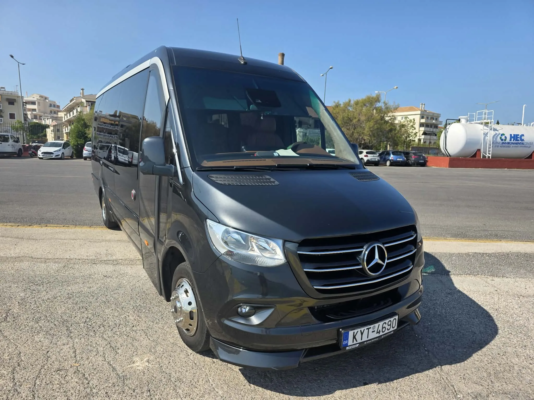 The 19-seat Sprinter minibus from the front, near side