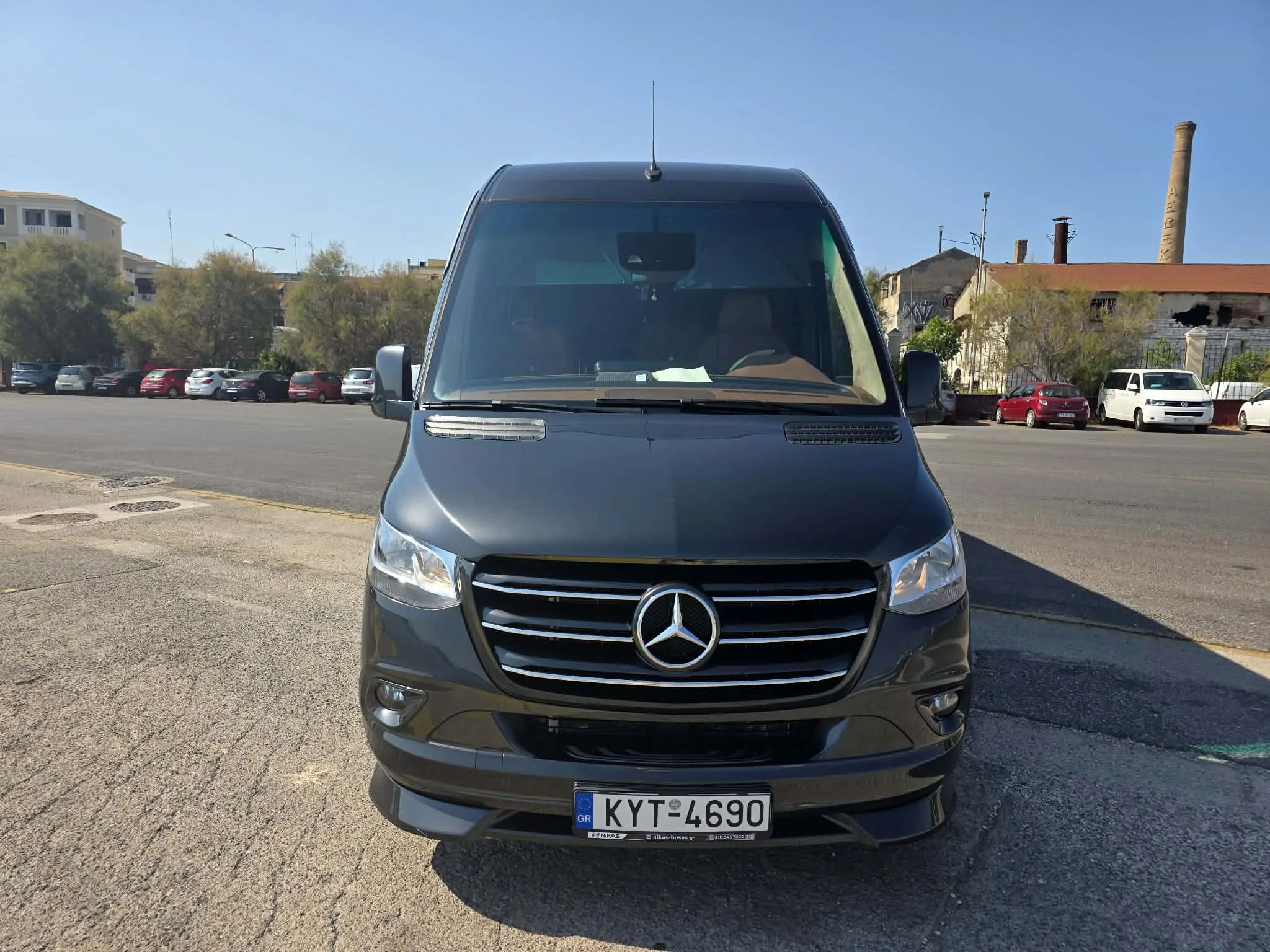 The 19-seat Sprinter minibus head on