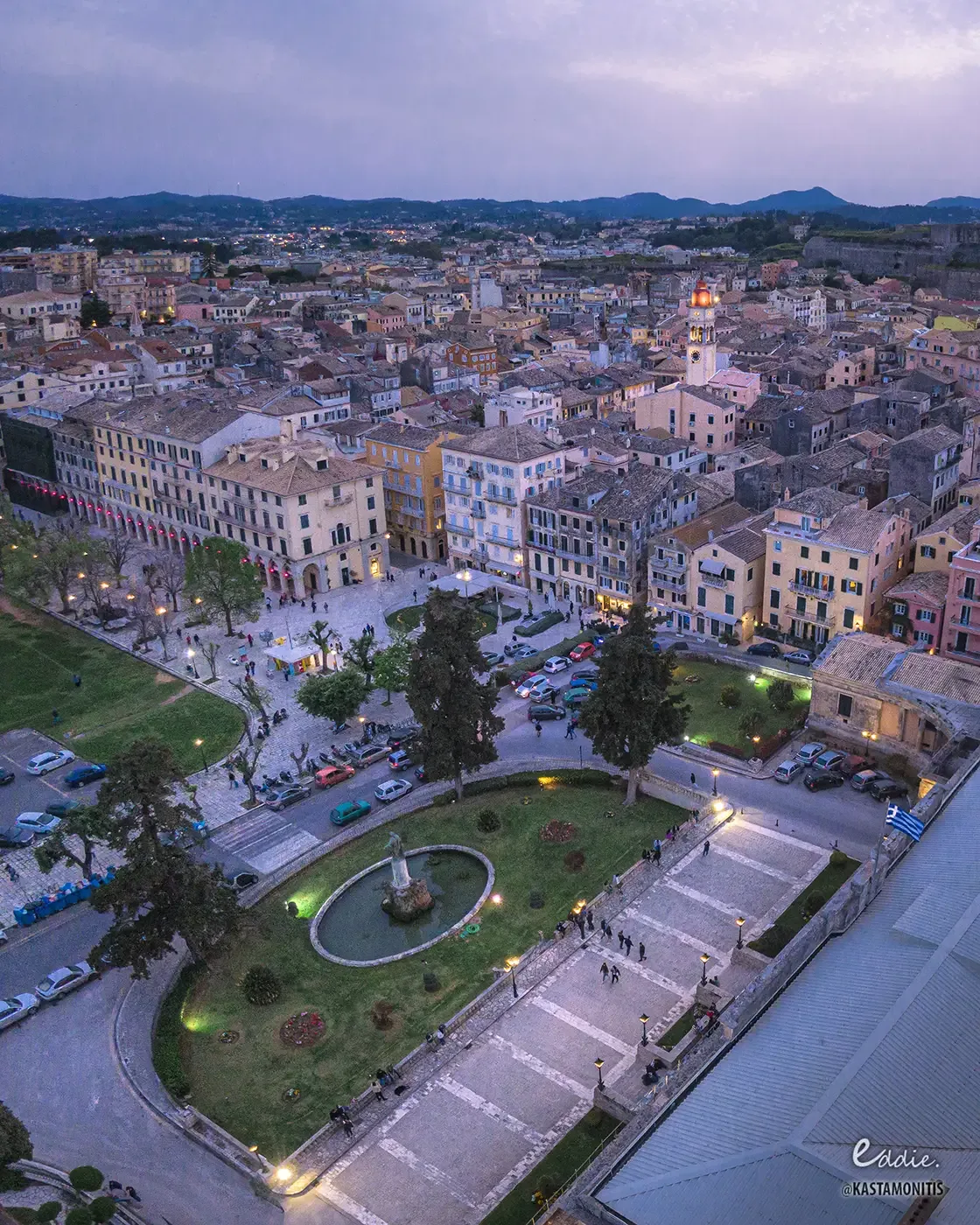 The Liston in Corfu Old Town at sunset