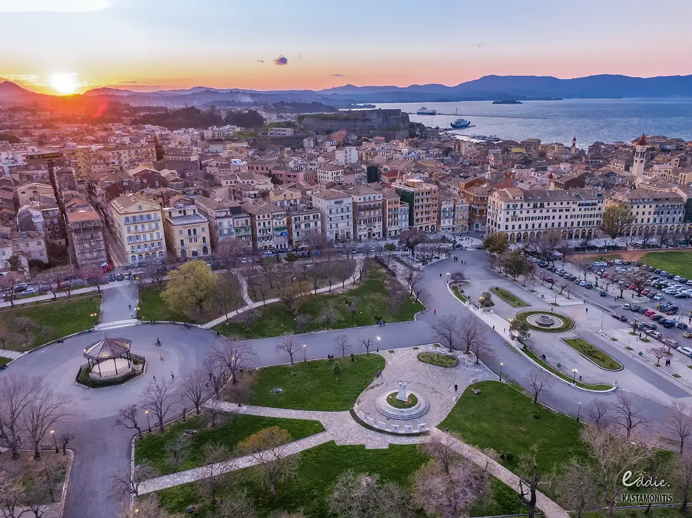 Corfu Old Town and the Old Fortress at sunset
