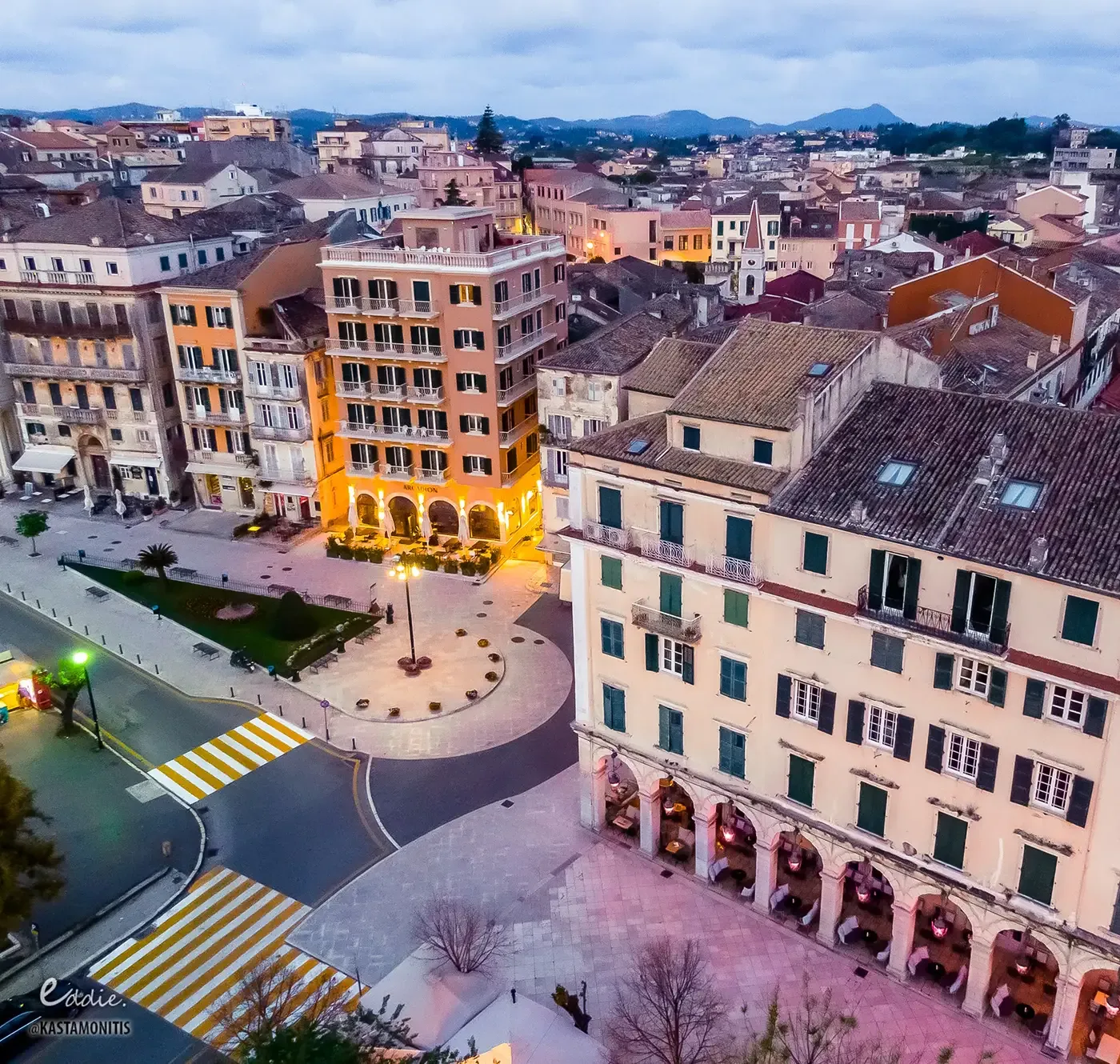 The rooftops of Corfu Old Town at dusk