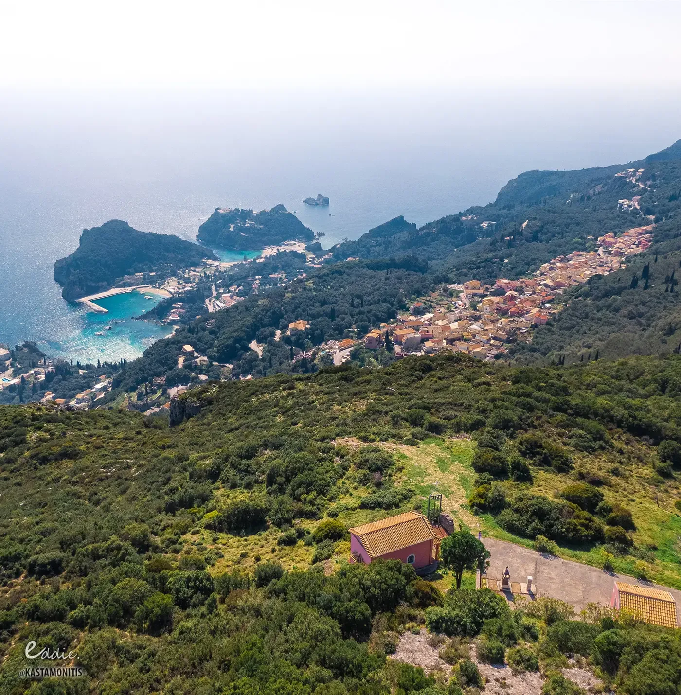 The monastery headland and coves of Palaiokastritsa from the air